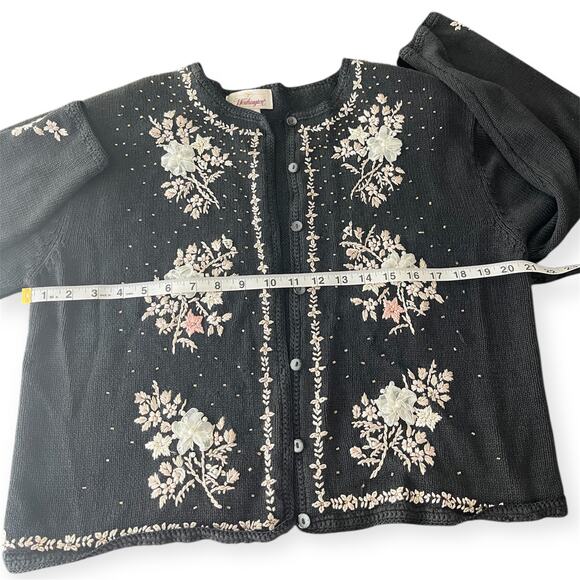 Worthington Black Floral Embroidered Beaded Knit Cardigan Grannycore Retro Sz M - Picture 7 of 10